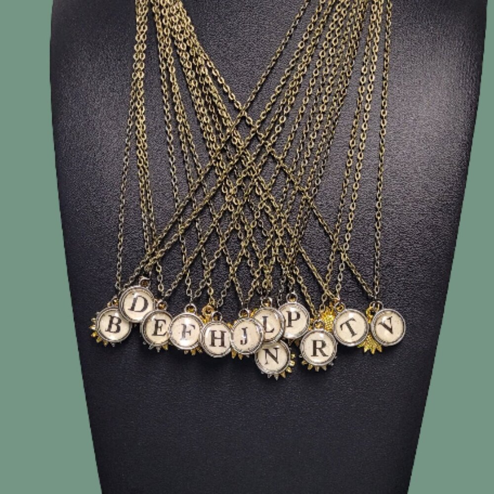 Vintage Typewriter Key (Tim Holtz) Initials Gold Plated Sunflower Charm Necklace - Picture 2 of 14